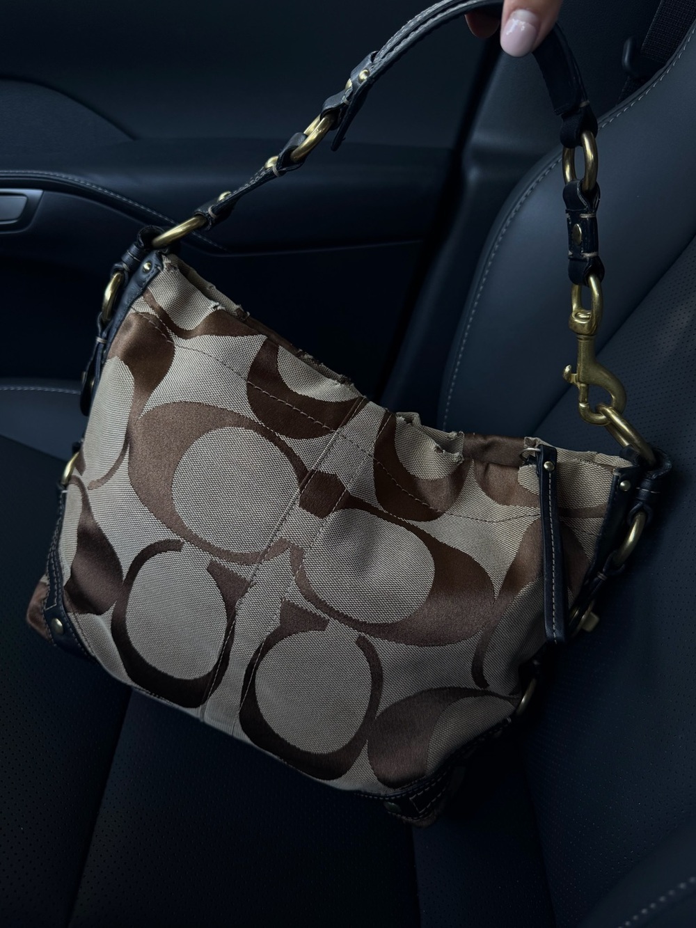 Coach Carly Signature Black Leather Jacquard Hobo Shoulder Bag Y2K Boho